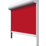Produktansicht einer elektrischen Fenstermarkise beziehungsweise ZIP-Markise mit rotem Tuch und hellem Rundkasten